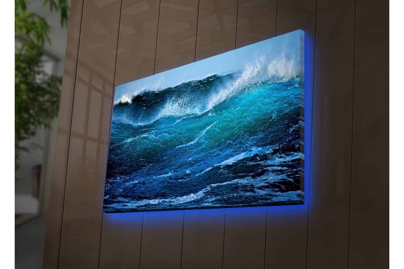 Lerretsbilde med LED-belysning - Kraftig havbølge med skummende topper - Mørk blå / Turkis / Hvit - Innredning - Bilder & kunst - Lerretsbilder