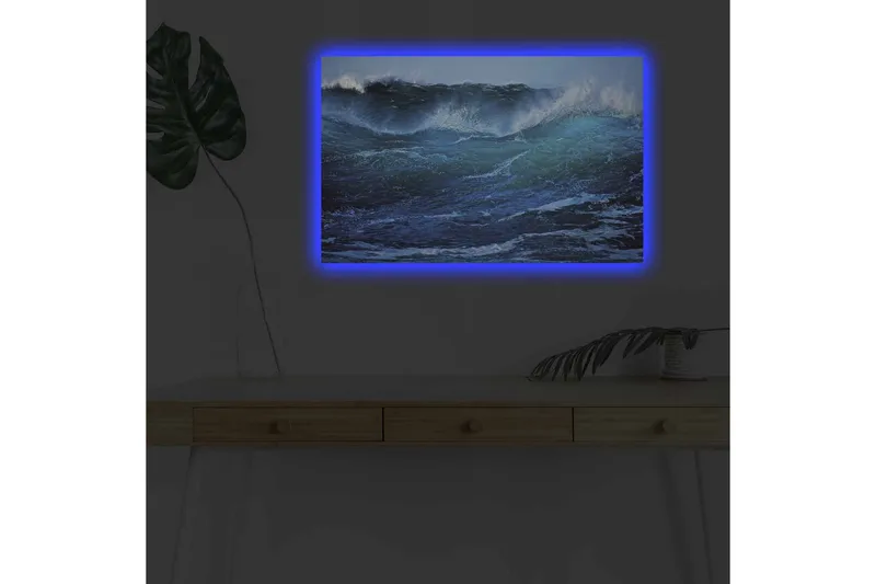 Lerretsbilde med LED-belysning - Kraftig havbølge med skummende topper - Mørk blå / Turkis / Hvit - Innredning - Bilder & kunst - Lerretsbilder