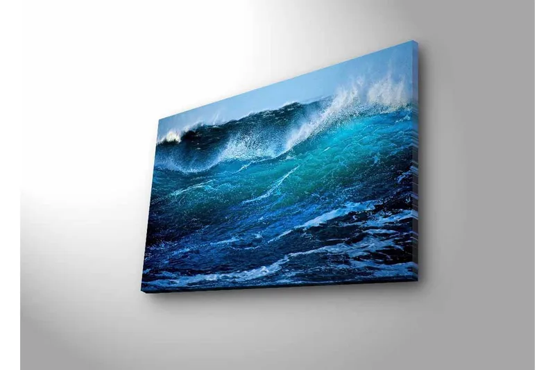 Lerretsbilde med LED-belysning - Kraftig havbølge med skummende topper - Mørk blå / Turkis / Hvit - Innredning - Bilder & kunst - Lerretsbilder