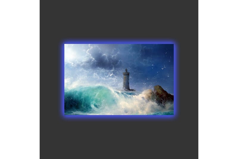 Lerretsbilde med LED-belysning - Kystlandskap med et fyrtårn omgitt av sterke bølger - Mørk blå / Turkis / Hvit - Innredning - Bilder & kunst - Lerretsbilder