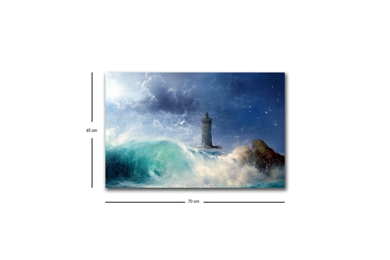 Lerretsbilde med LED-belysning - Kystlandskap med et fyrtårn omgitt av sterke bølger - Mørk blå / Turkis / Hvit - Innredning - Bilder & kunst - Lerretsbilder
