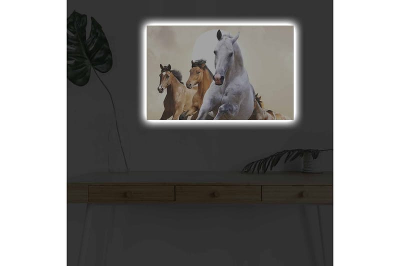 Lerretsbilde med LED-belysning - Løpende hester i en dynamisk komposisjon - Hvit / Brun / Beige - Innredning - Bilder & kunst - Lerretsbilder
