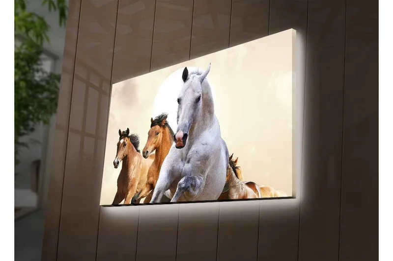 Lerretsbilde med LED-belysning - Løpende hester i en dynamisk komposisjon - Hvit / Brun / Beige - Innredning - Bilder & kunst - Lerretsbilder
