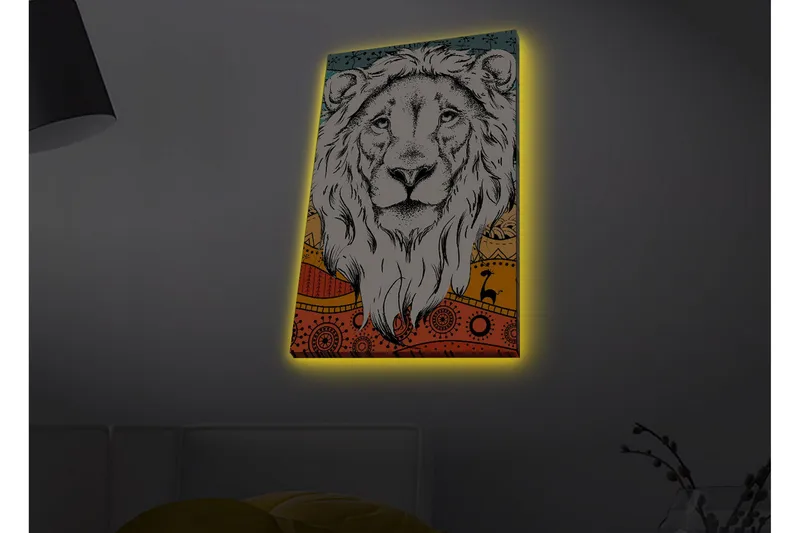 Lerretsbilde med LED-belysning - Løvehode med fargerik bakgrunn og mønster, Grå / Oransje / Blå