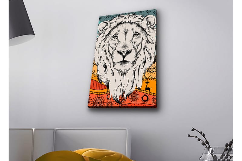 Lerretsbilde med LED-belysning - Løvehode med fargerik bakgrunn og mønster - Grå / Oransje / Blå - Innredning - Bilder & kunst - Lerretsbilder