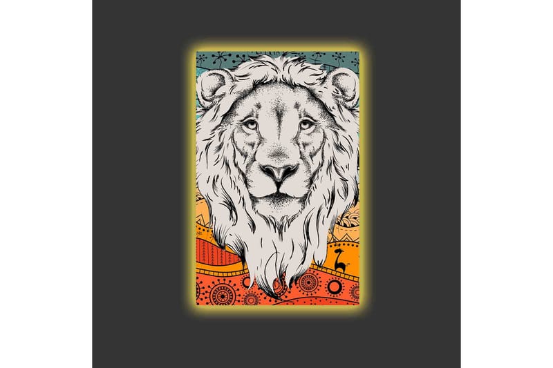 Lerretsbilde med LED-belysning - Løvehode med fargerik bakgrunn og mønster - Grå / Oransje / Blå - Innredning - Bilder & kunst - Lerretsbilder