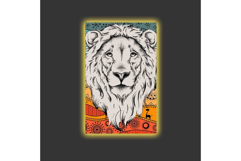 Lerretsbilde med LED-belysning - Løvehode med fargerik bakgrunn og mønster - Grå / Oransje / Blå - Innredning - Bilder & kunst - Lerretsbilder