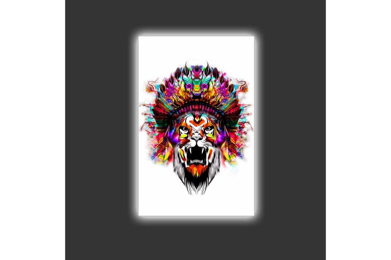 Lerretsbilde med LED-belysning - Løvehode med fargerike fjær - Oransje / Lilla / Grønn - Innredning - Bilder & kunst - Lerretsbilder