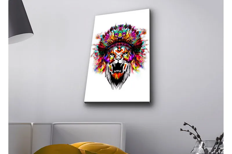 Lerretsbilde med LED-belysning - Løvehode med fargerike fjær, Oransje / Lilla / Grønn