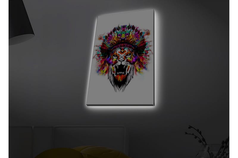 Lerretsbilde med LED-belysning - Løvehode med fargerike fjær - Oransje / Lilla / Grønn - Innredning - Bilder & kunst - Lerretsbilder
