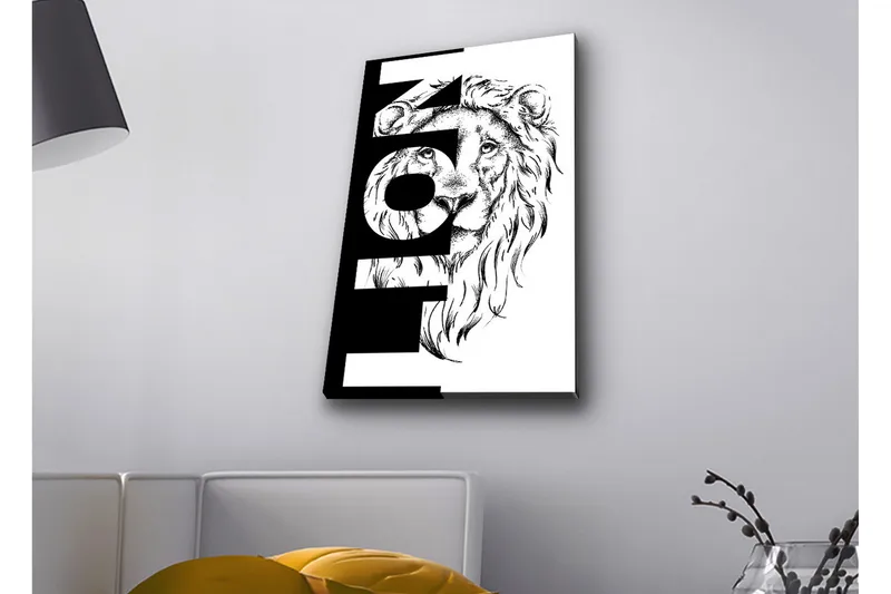 Lerretsbilde med LED-belysning - Løvehode med grafiske elementer, Svart / Hvit