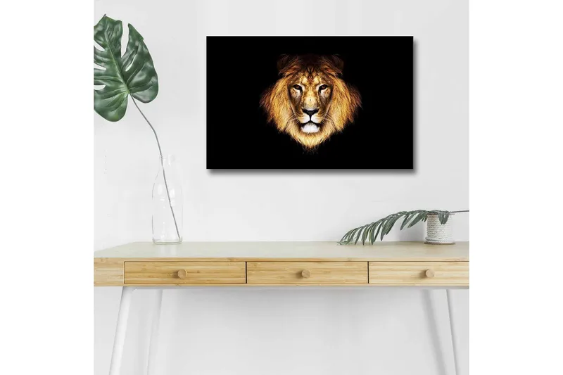 Lerretsbilde med LED-belysning - Løvehode med intenst blikk - Gull / Svart / Brun - Innredning - Bilder & kunst - Lerretsbilder