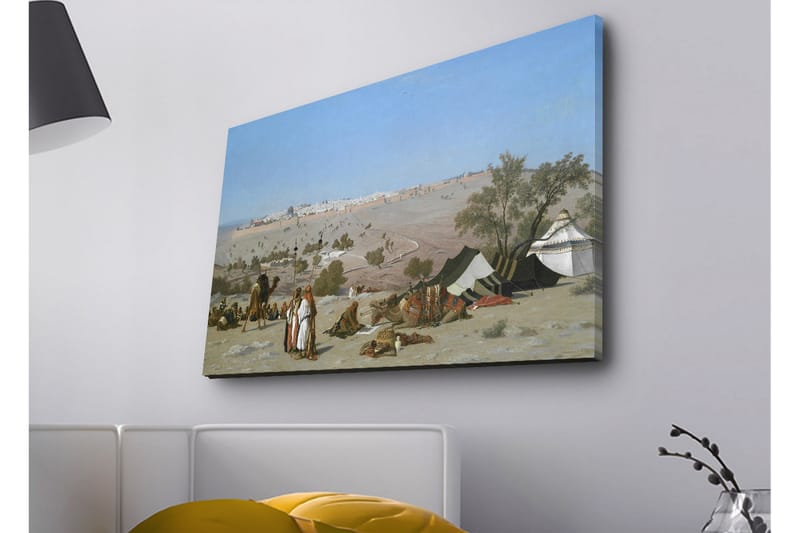 Lerretsbilde med LED-belysning - Landskap med beduiner og telt i ørkenmiljø - Blå / Grønn / Beige - Innredning - Bilder & kunst - Lerretsbilder