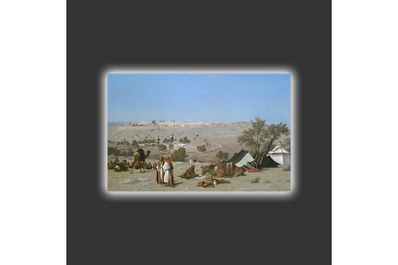 Lerretsbilde med LED-belysning - Landskap med beduiner og telt i ørkenmiljø - Blå / Grønn / Beige - Innredning - Bilder & kunst - Lerretsbilder