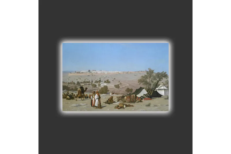 Lerretsbilde med LED-belysning - Landskap med beduiner og telt i ørkenmiljø - Blå / Grønn / Beige - Innredning - Bilder & kunst - Lerretsbilder