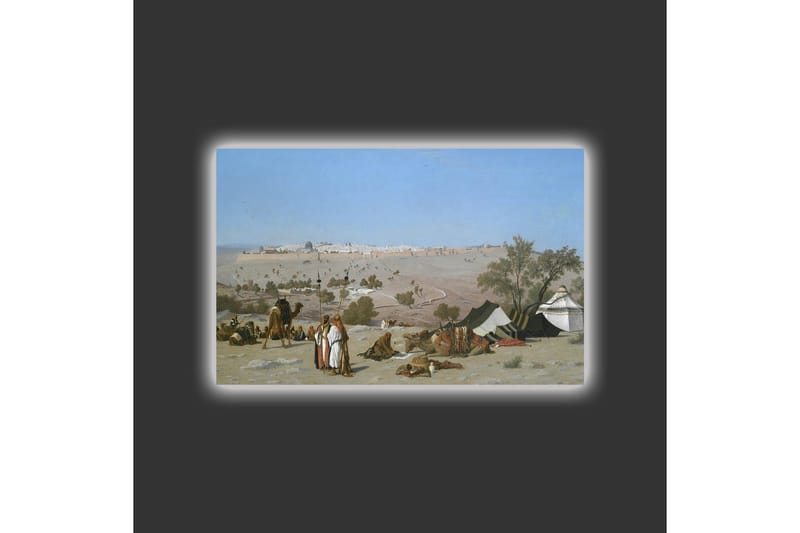 Lerretsbilde med LED-belysning - Landskap med beduiner og telt i ørkenmiljø - Blå / Grønn / Beige - Innredning - Bilder & kunst - Lerretsbilder