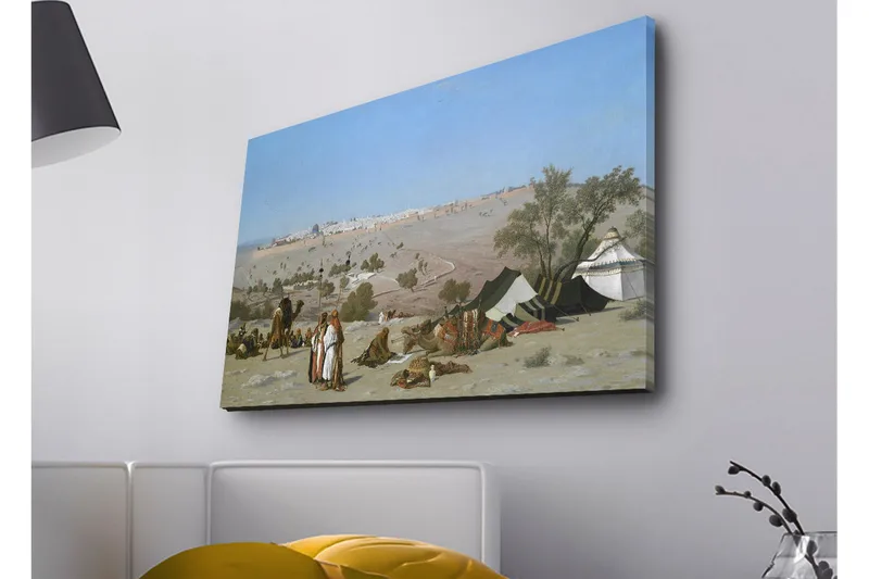 Lerretsbilde med LED-belysning - Landskap med beduiner og telt i ørkenmiljø, Blå / Grønn / Beige