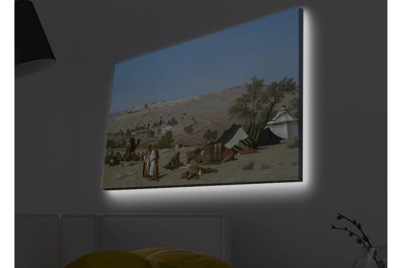 Lerretsbilde med LED-belysning - Landskap med beduiner og telt i ørkenmiljø - Blå / Grønn / Beige - Innredning - Bilder & kunst - Lerretsbilder