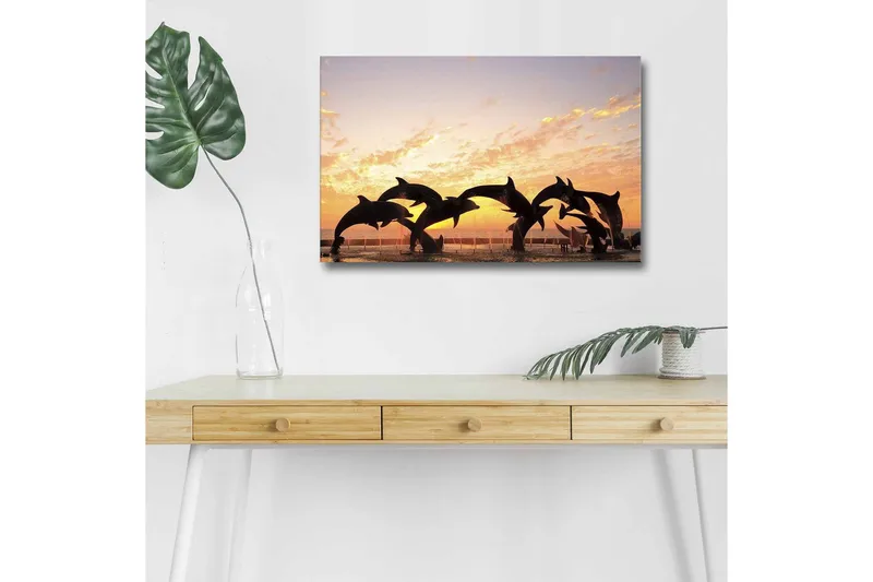 Lerretsbilde med LED-belysning - Lekne delfiner som hopper i solnedgangen, Oransje / Svart / Blå