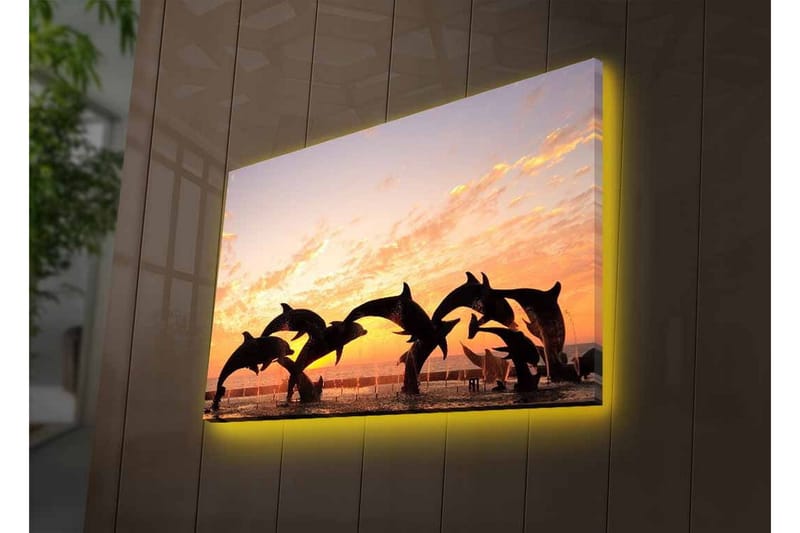 Lerretsbilde med LED-belysning - Lekne delfiner som hopper i solnedgangen - Oransje / Svart / Blå - Innredning - Bilder & kunst - Lerretsbilder