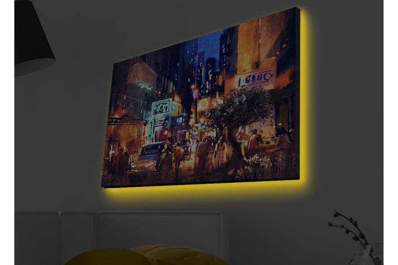 Lerretsbilde med LED-belysning - Livlig bybilde med natteliv og biler - Mørk blå / Oransje / Grønn - Innredning - Bilder & kunst - Lerretsbilder