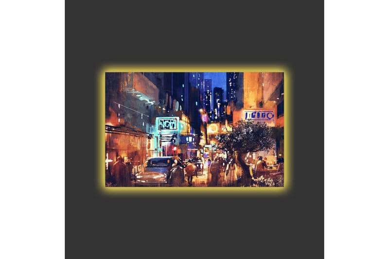 Lerretsbilde med LED-belysning - Livlig bybilde med natteliv og biler - Mørk blå / Oransje / Grønn - Innredning - Bilder & kunst - Lerretsbilder