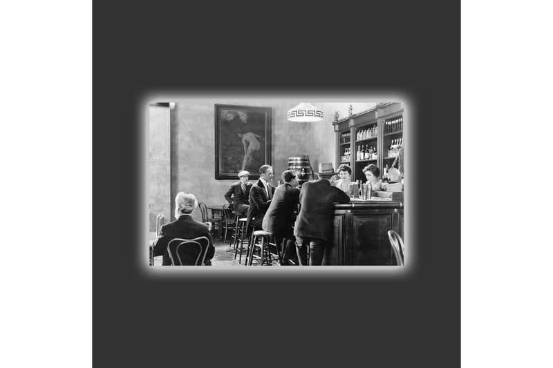 Lerretsbilde med LED-belysning - Livlig scene fra en bar med folk i samtale og samhandling - Svart / Hvit / Grå - Innredning - Bilder & kunst - Lerretsbilder