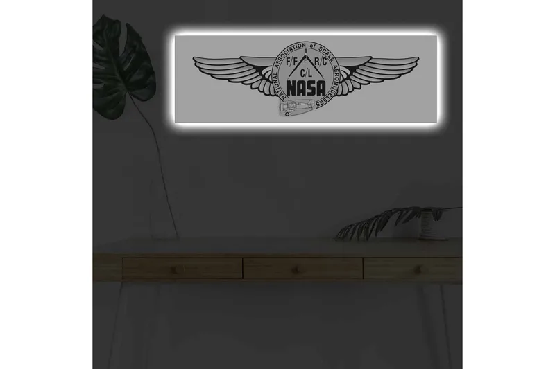 Lerretsbilde med LED-belysning - Logo med vinger og NASA-motiv, Svart / Grå