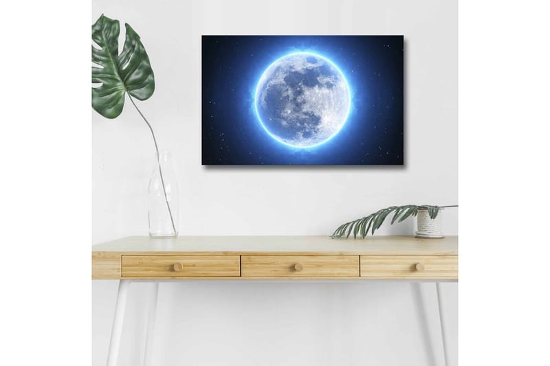 Lerretsbilde med LED-belysning - Lysende fullmåne omgitt av stjerner, Blå / Hvit / Mørk blå