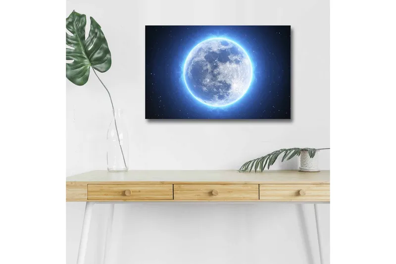 Lerretsbilde med LED-belysning - Lysende fullmåne omgitt av stjerner - Blå / Hvit / Mørk blå - Innredning - Bilder & kunst - Lerretsbilder