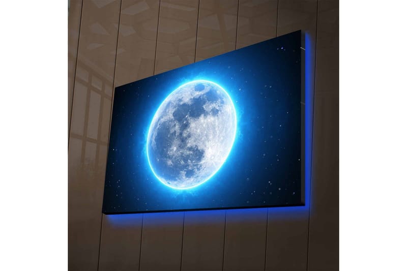 Lerretsbilde med LED-belysning - Lysende fullmåne omgitt av stjerner - Blå / Hvit / Mørk blå - Innredning - Bilder & kunst - Lerretsbilder