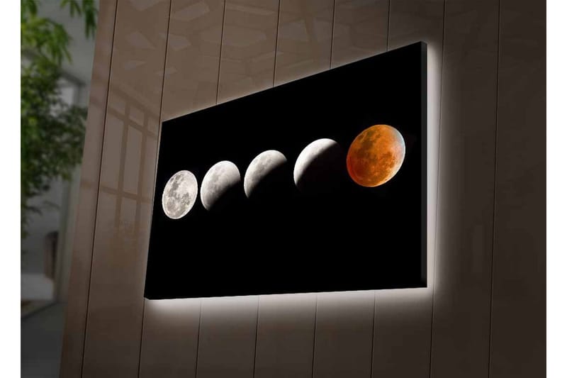Lerretsbilde med LED-belysning - Månefaser i forskjellige former mot svart bakgrunn - Grå / Svart / Rød - Innredning - Bilder & kunst - Lerretsbilder