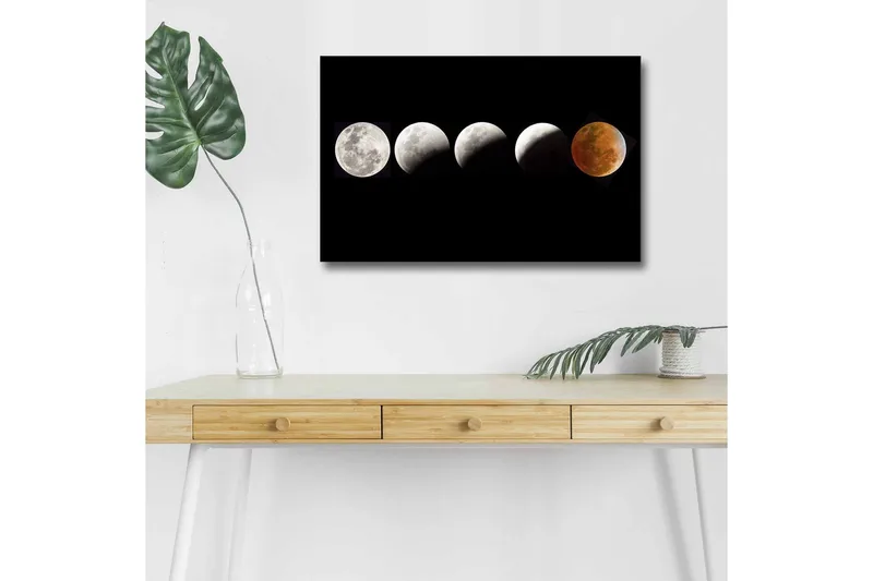 Lerretsbilde med LED-belysning - Månefaser i forskjellige former mot svart bakgrunn, Grå / Svart / Rød