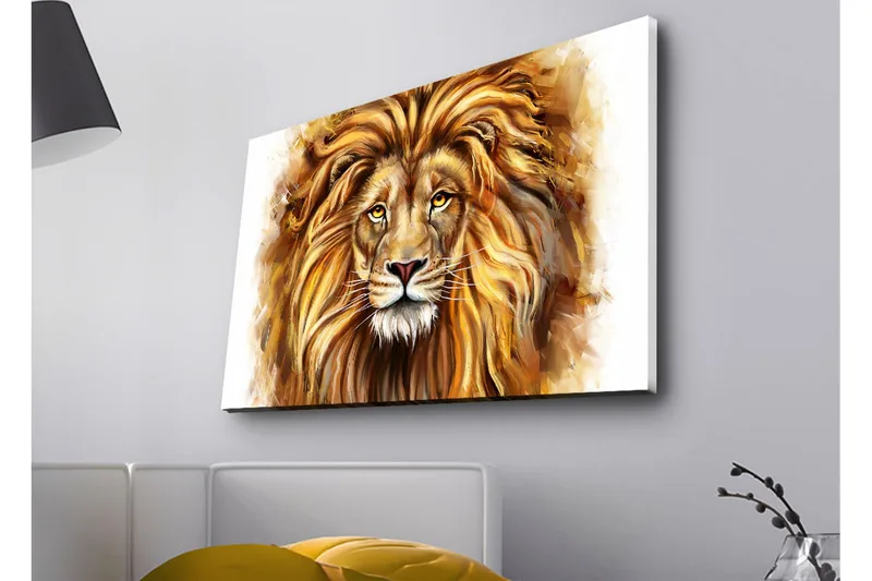 Lerretsbilde med LED-belysning - Majestetisk løvehode med detaljert man og uttrykksfulle øyne - Gull / Brun / Beige - Innredning - Bilder & kunst - Lerretsbilder