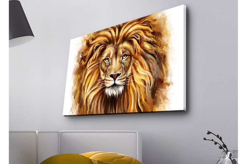 Lerretsbilde med LED-belysning - Majestetisk løvehode med detaljert man og uttrykksfulle øyne - Gull / Brun / Beige - Innredning - Bilder & kunst - Lerretsbilder
