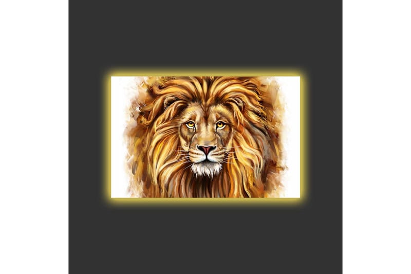 Lerretsbilde med LED-belysning - Majestetisk løvehode med detaljert man og uttrykksfulle øyne - Gull / Brun / Beige - Innredning - Bilder & kunst - Lerretsbilder