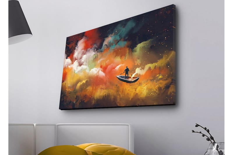 Lerretsbilde med LED-belysning - Mann i båt som navigerer gjennom fargerike skyer - Oransje / Blå / Hvit - Innredning - Bilder & kunst - Lerretsbilder