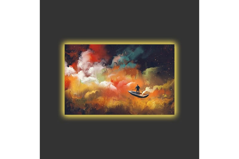 Lerretsbilde med LED-belysning - Mann i båt som navigerer gjennom fargerike skyer - Oransje / Blå / Hvit - Innredning - Bilder & kunst - Lerretsbilder