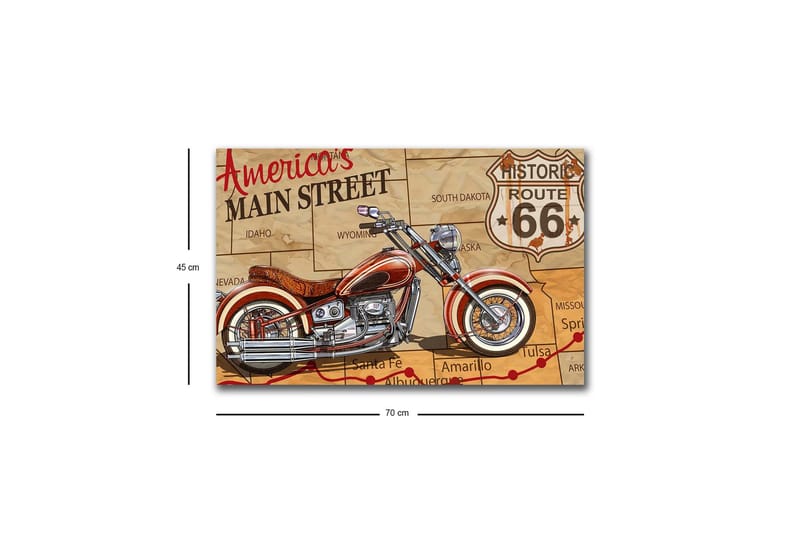 Lerretsbilde med LED-belysning - Motorsykkel på et kart over Route 66 - Rød / Beige / Svart - Innredning - Bilder & kunst - Lerretsbilder