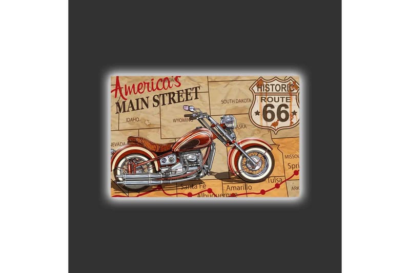 Lerretsbilde med LED-belysning - Motorsykkel på et kart over Route 66 - Rød / Beige / Svart - Innredning - Bilder & kunst - Lerretsbilder