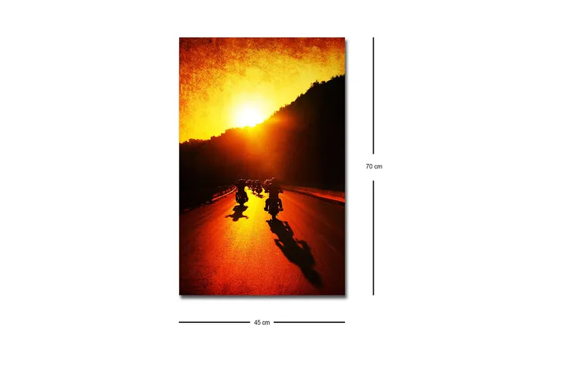 Lerretsbilde med LED-belysning - Motorsykler som kjører langs en vei i solnedgangens gylne lys - Gull / Oransje / Svart - Innredning - Bilder & kunst - Lerretsbilder