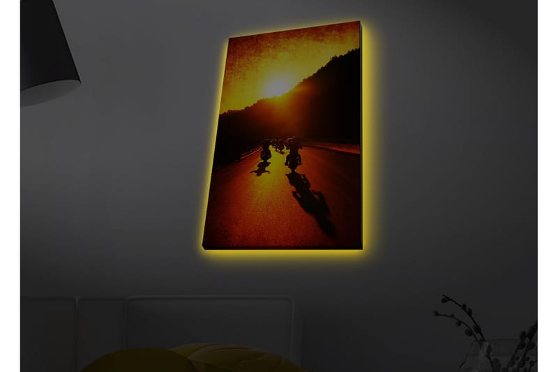 Lerretsbilde med LED-belysning - Motorsykler som kjører langs en vei i solnedgangens gylne lys - Gull / Oransje / Svart - Innredning - Bilder & kunst - Lerretsbilder