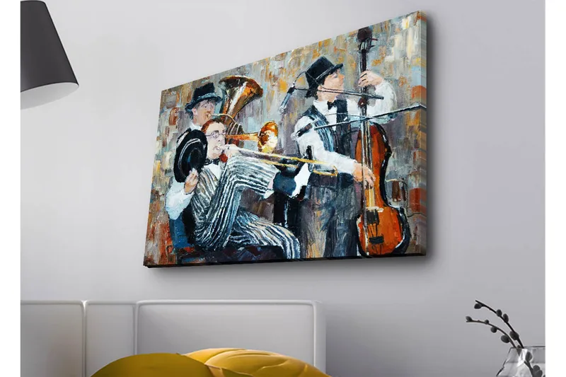 Lerretsbilde med LED-belysning - Musikalsk opptreden med tre musikere som spiller, Mørk blå / Oransje / Hvit