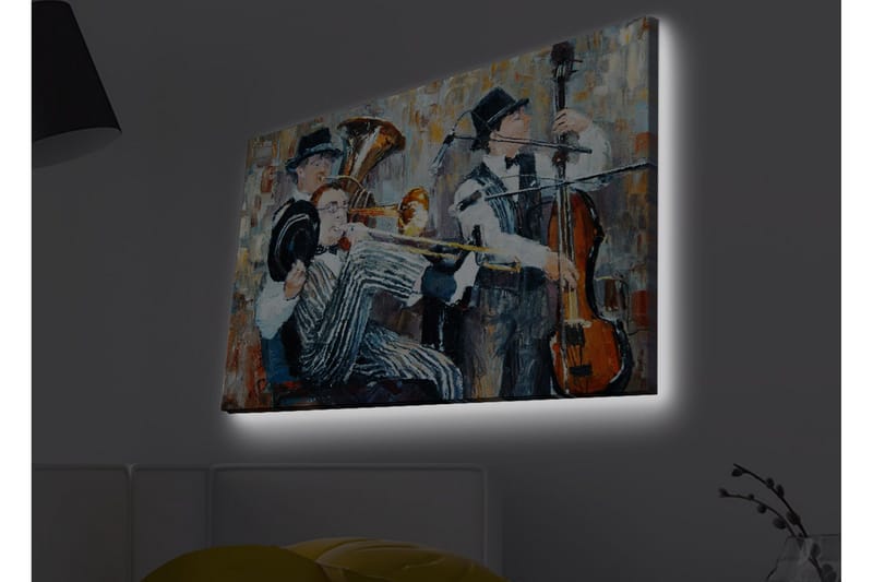 Lerretsbilde med LED-belysning - Musikalsk opptreden med tre musikere som spiller - Mørk blå / Oransje / Hvit - Innredning - Bilder & kunst - Lerretsbilder