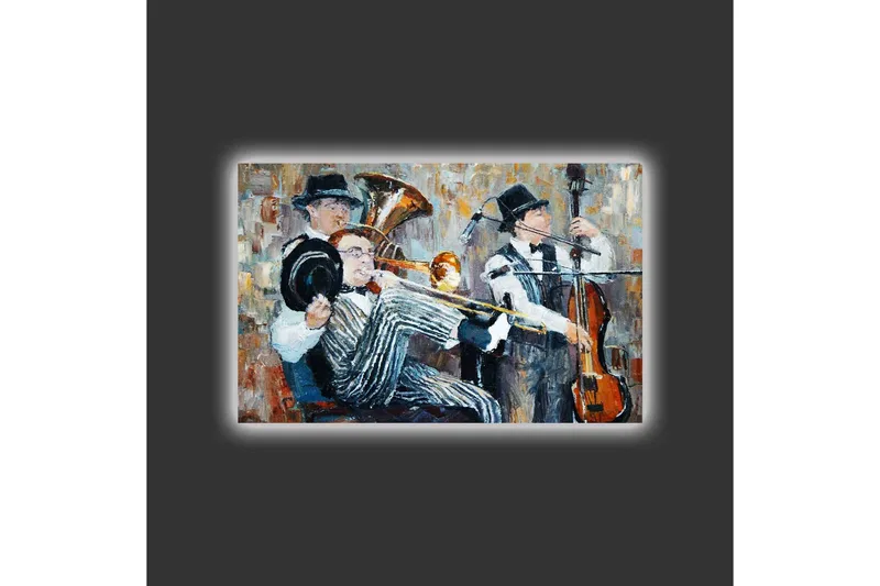Lerretsbilde med LED-belysning - Musikalsk opptreden med tre musikere som spiller - Mørk blå / Oransje / Hvit - Innredning - Bilder & kunst - Lerretsbilder