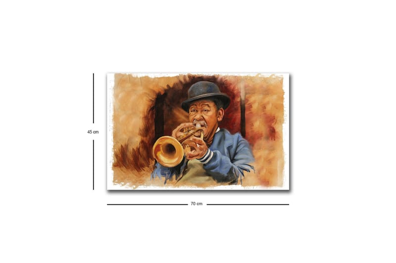 Lerretsbilde med LED-belysning - Musiker som spiller trompet med uttrykksfulle trekk - Brun / Blå / Beige - Innredning - Bilder & kunst - Lerretsbilder