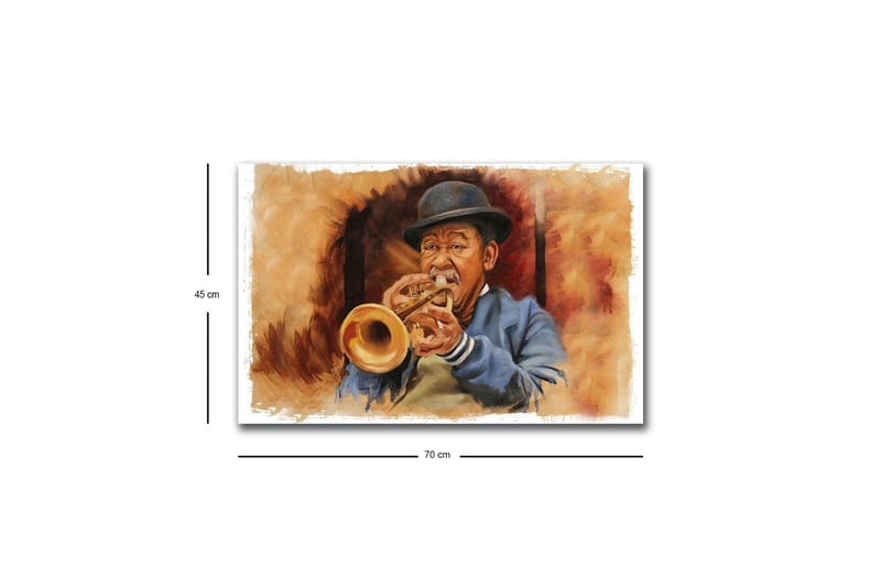 Lerretsbilde med LED-belysning - Musiker som spiller trompet med uttrykksfulle trekk - Brun / Blå / Beige - Innredning - Bilder & kunst - Lerretsbilder