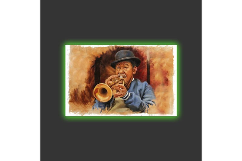 Lerretsbilde med LED-belysning - Musiker som spiller trompet med uttrykksfulle trekk - Brun / Blå / Beige - Innredning - Bilder & kunst - Lerretsbilder