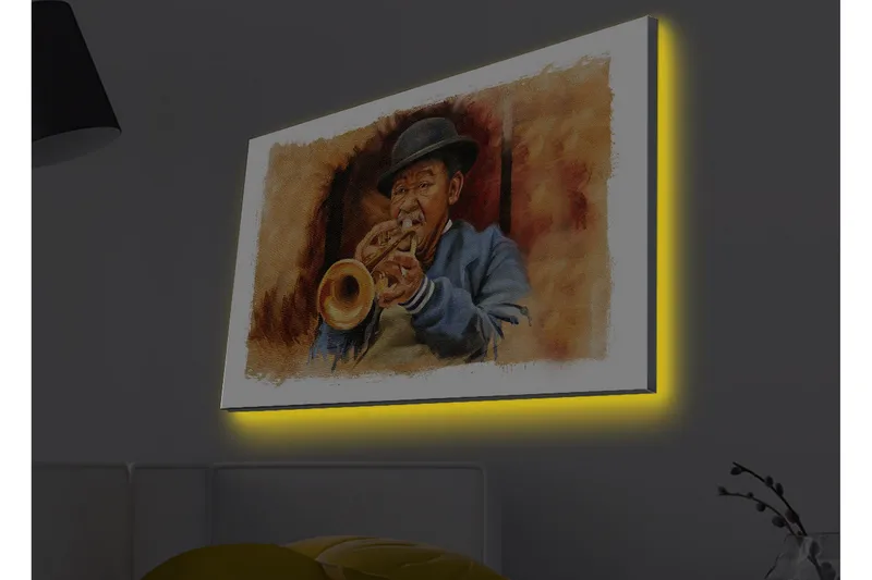 Lerretsbilde med LED-belysning - Musiker som spiller trompet med uttrykksfulle trekk, Brun / Blå / Beige