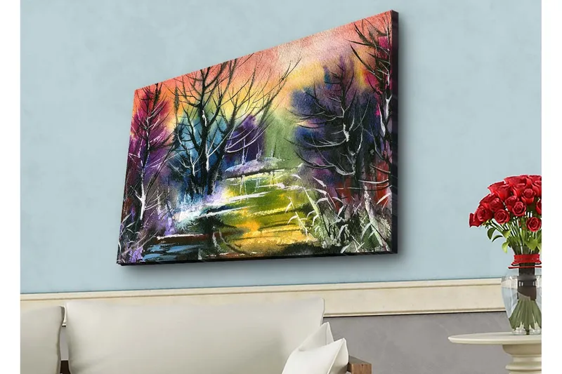 Lerretsbilde med LED-belysning - Mystisk landskap med silhuetter av trær i skumringen - Lilla / Grønn / Svart - Innredning - Bilder & kunst - Lerretsbilder